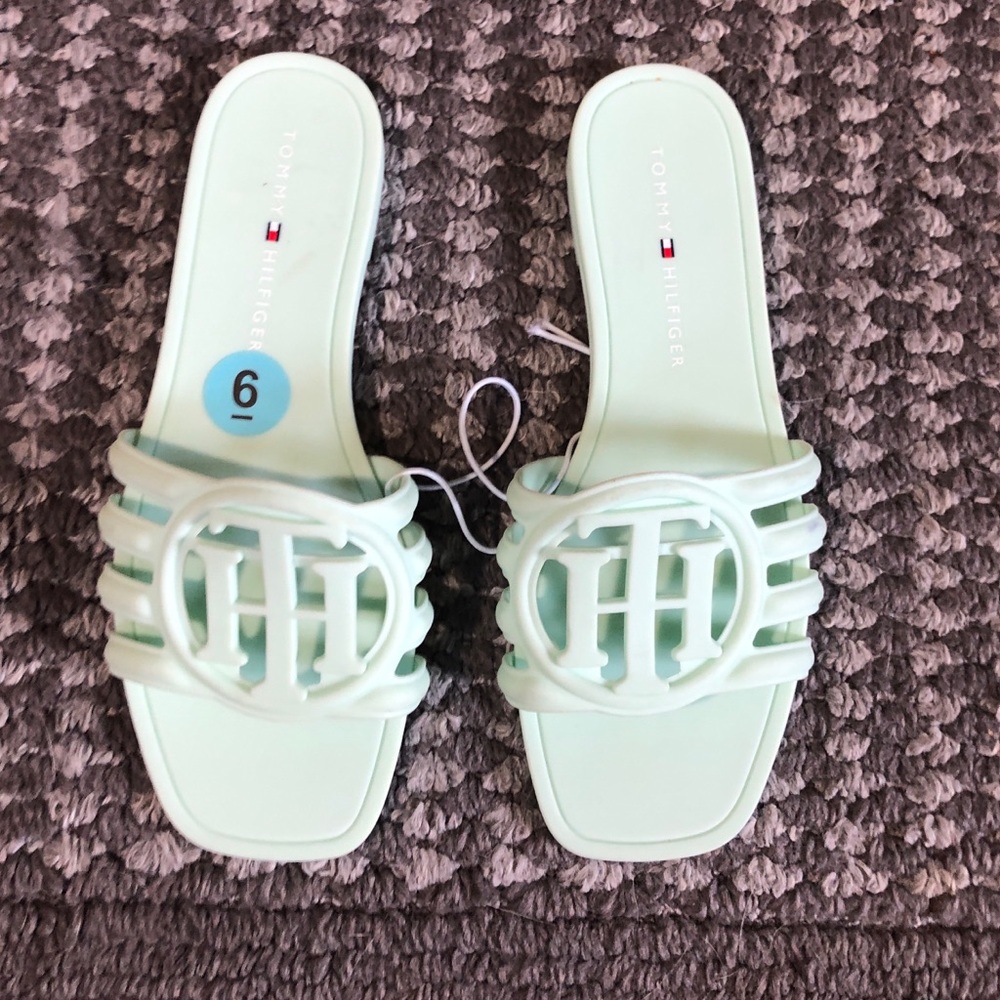 Tommy Hilfiger Mint Green Logo Slide Sandals - Women's